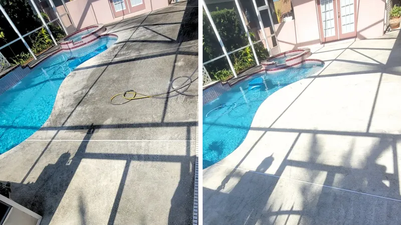 Side-by-side views of a screened pool patio before and after surface washing